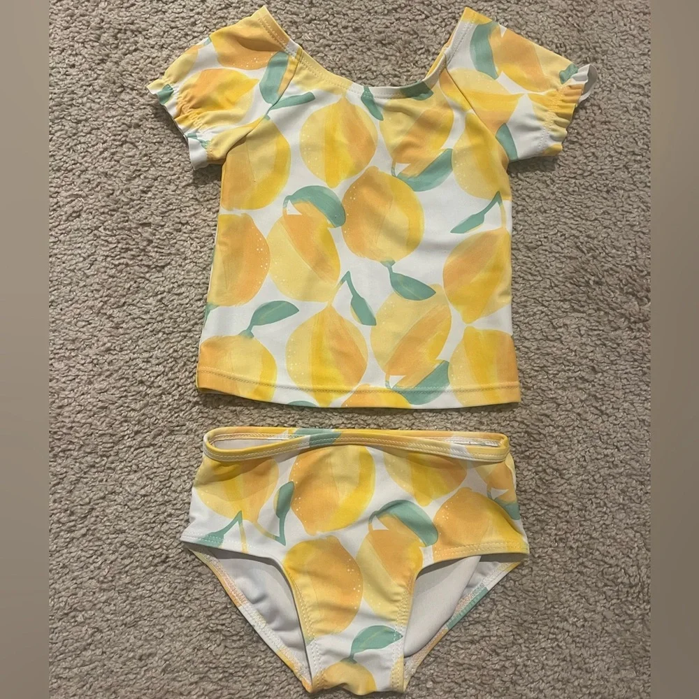 Carters Girls 12M Lemon Print Rash Guard Swimsuit Set | 2-Piece | UPF